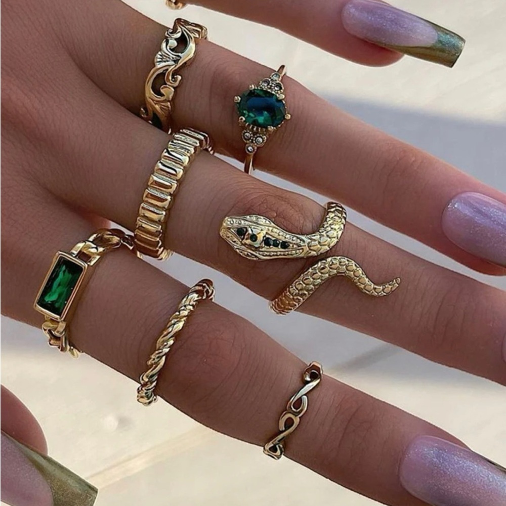 Gold 8pc Snake & Rhinestone Midi Ring Set